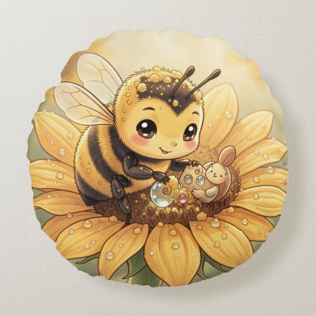 Golden Bumblebee in Bloom Dance.4 Rund Kudde (Framsidan)