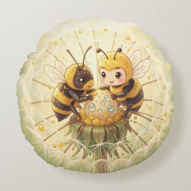 Golden Bumblebee in Bloom Dance.5 Rund Kudde (Framsidan)