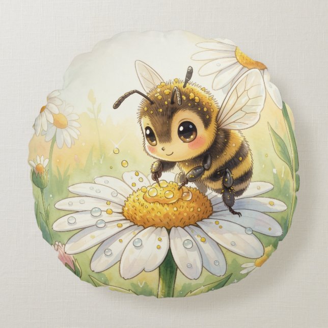 Golden Bumblebee in Bloom Dance Rund Kudde (Framsidan)