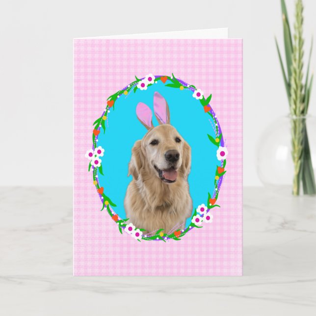 Golden Bunny Hund Rosa Gingham Påsk-mappat kort (Framsida)