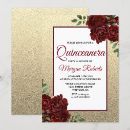 Golden Burgundy Röd ros Quinceanera Inbjudan