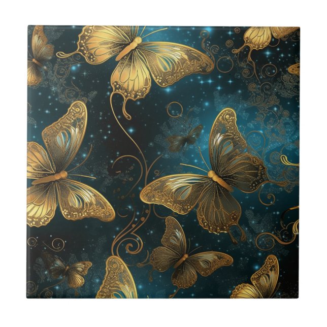 Golden Butterflies Ceramic Tile Kakelplatta (Framsidan)