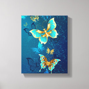 Golden Butterflies på en blå bakgrund Canvastryck