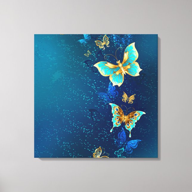 Golden Butterflies på en blå bakgrund Canvastryck (Framsida)