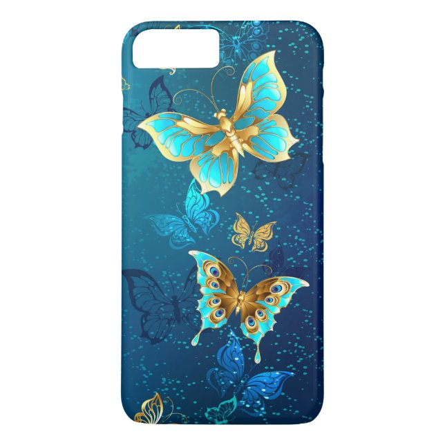 Golden Butterflies på en blå bakgrund Case-Mate iPhone Skal (Baksida)
