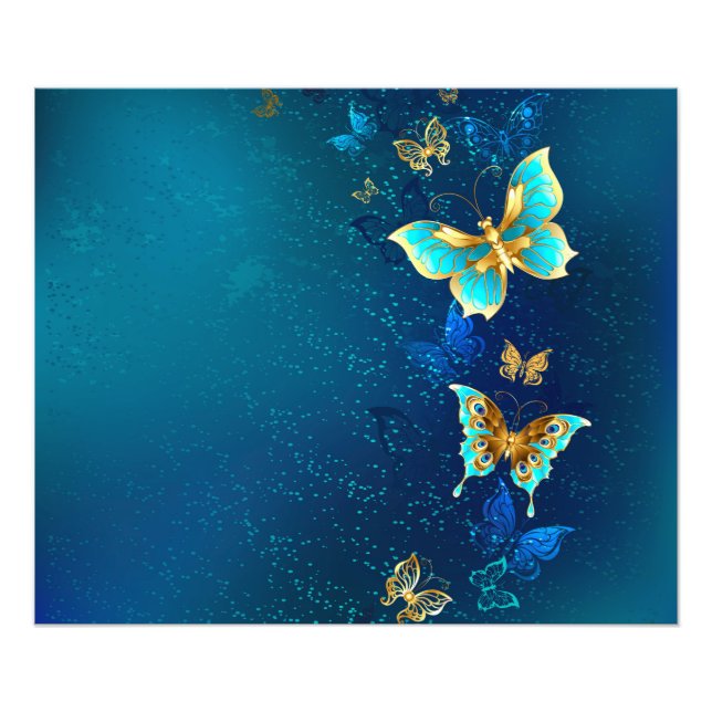 Golden Butterflies på en blå bakgrund Fototryck (Framsidan)