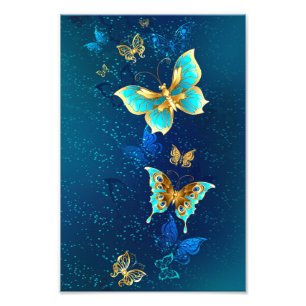 Golden Butterflies på en blå bakgrund Fototryck