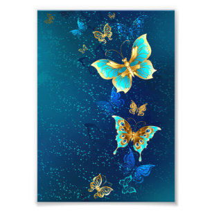 Golden Butterflies på en blå bakgrund Fototryck