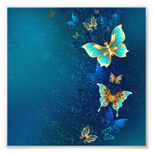 Golden Butterflies på en blå bakgrund Fototryck