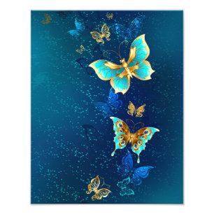 Golden Butterflies på en blå bakgrund Fototryck