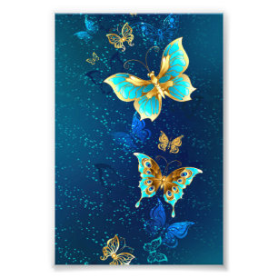 Golden Butterflies på en blå bakgrund Fototryck