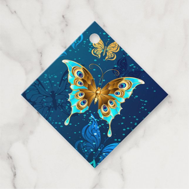 Golden Butterflies på en blå bakgrund Gåvor Etiketter (Framsida)