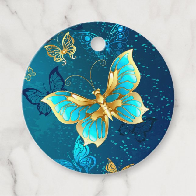 Golden Butterflies på en blå bakgrund Gåvor Etiketter (Framsida)