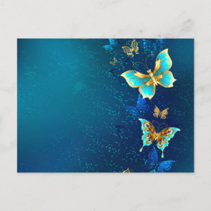 Golden Butterflies på en blå bakgrund Helg Vykort