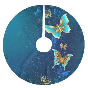 Golden Butterflies på en blå bakgrund Julgransmatta Borstad Polyester