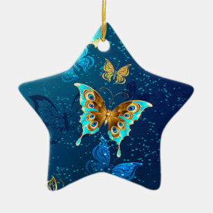 Golden Butterflies på en blå bakgrund Julgransprydnad Keramik