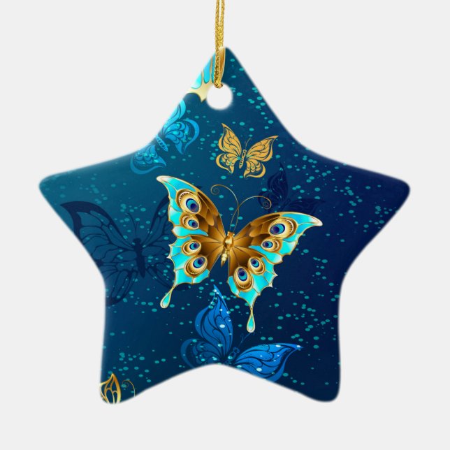 Golden Butterflies på en blå bakgrund Julgransprydnad Keramik (Framsidan)