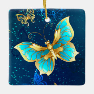 Golden Butterflies på en blå bakgrund Julgransprydnad Keramik