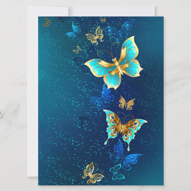 Golden Butterflies på en blå bakgrund Julkort (Framsida)