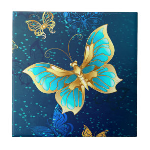 Golden Butterflies på en blå bakgrund Kakelplatta