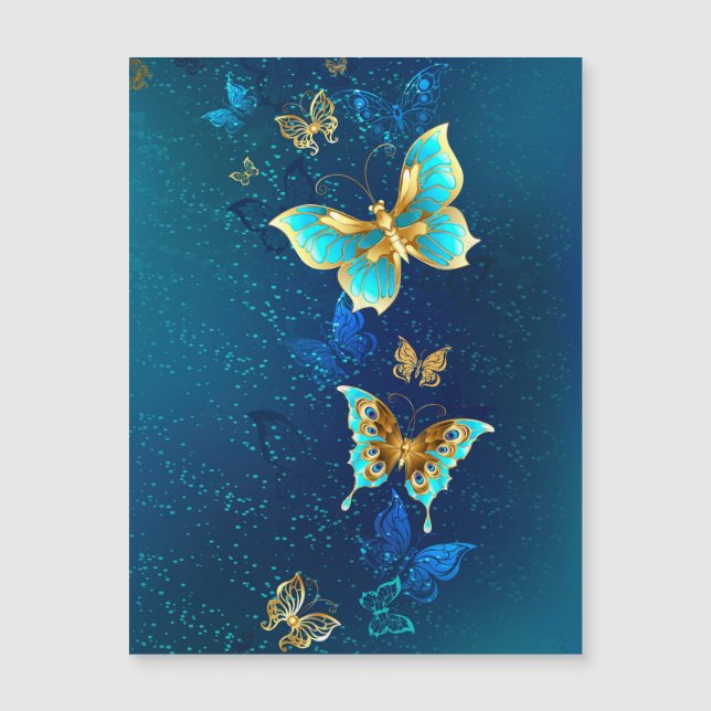 Golden Butterflies på en blå bakgrund Magnetisk Inbjudningskort (Framsida)