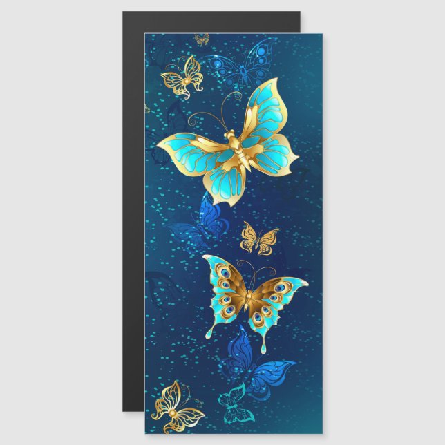 Golden Butterflies på en blå bakgrund Magnetisk Inbjudningskort (Fram/baksida)