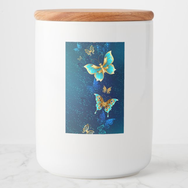 Golden Butterflies på en blå bakgrund Mat Etikett (Framsida)