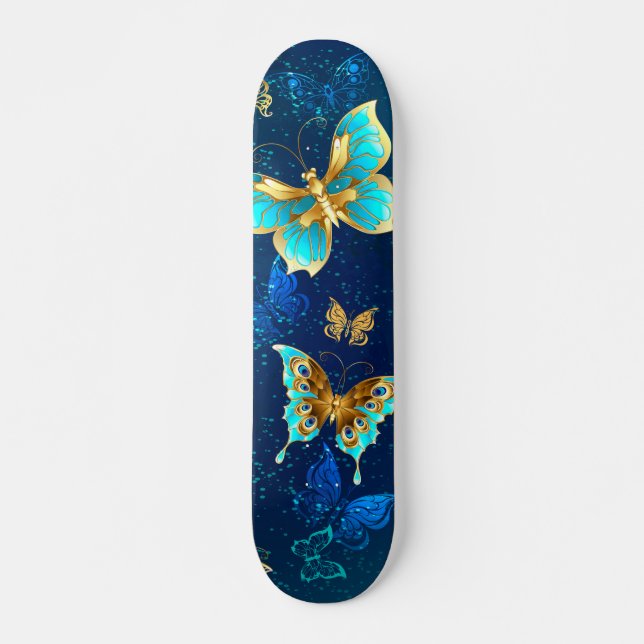 Golden Butterflies på en blå bakgrund Mini Skateboard Bräda 18,5 Cm (Framsida)