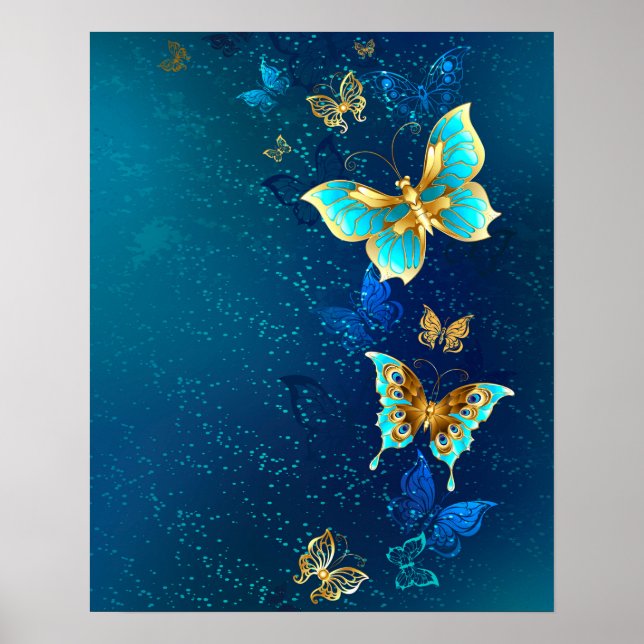 Golden Butterflies på en blå bakgrund Poster (Framsidan)