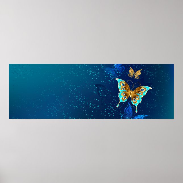 Golden Butterflies på en blå bakgrund Poster (Framsidan)