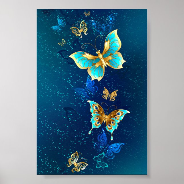 Golden Butterflies på en blå bakgrund Poster (Framsidan)
