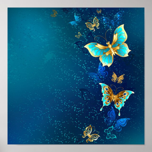Golden Butterflies på en blå bakgrund Poster (Framsidan)