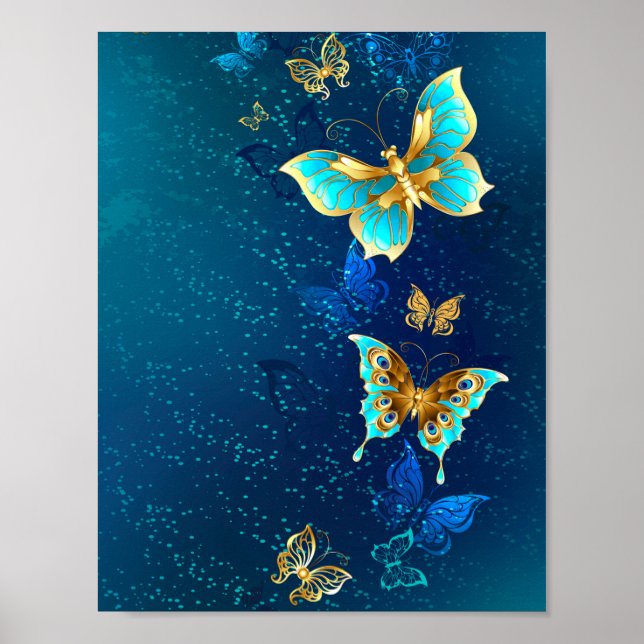Golden Butterflies på en blå bakgrund Poster (Framsidan)