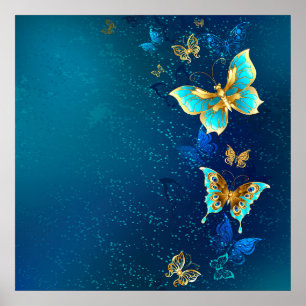 Golden Butterflies på en blå bakgrund Poster
