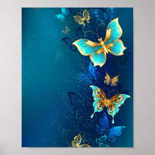 Golden Butterflies på en blå bakgrund Poster