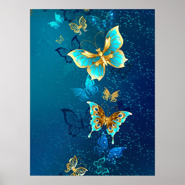 Golden Butterflies på en blå bakgrund Poster (Framsidan)
