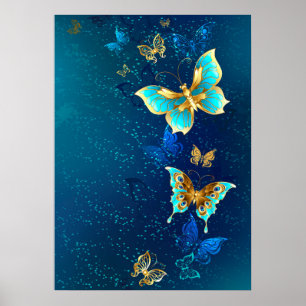 Golden Butterflies på en blå bakgrund Poster
