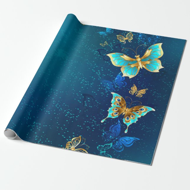 Golden Butterflies på en blå bakgrund Presentpapper (Utrullad)