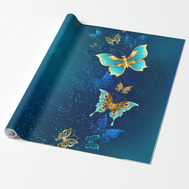 Golden Butterflies på en blå bakgrund Presentpapper (Utrullad)