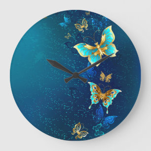 Golden Butterflies på en blå bakgrund Stor Klocka