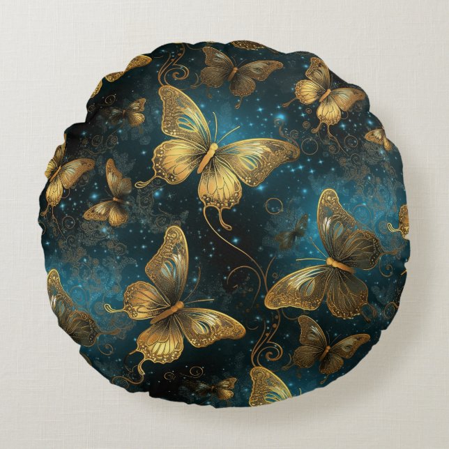 Golden Butterflies Round Pillow Rund Kudde (Framsidan)