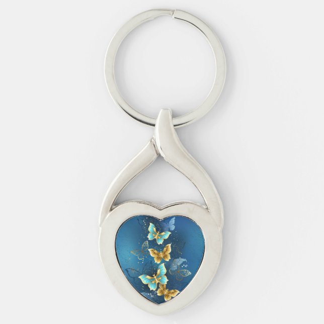 Golden butterflies twisted heart silverfärgad nyckelring (Framsidan)