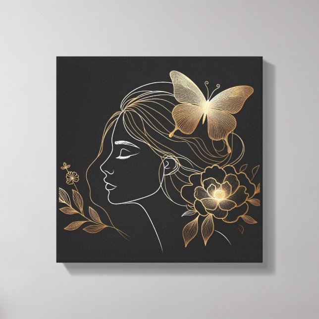 Golden Butterfly Crown on Feminine Profile Canvastryck (Framsida)