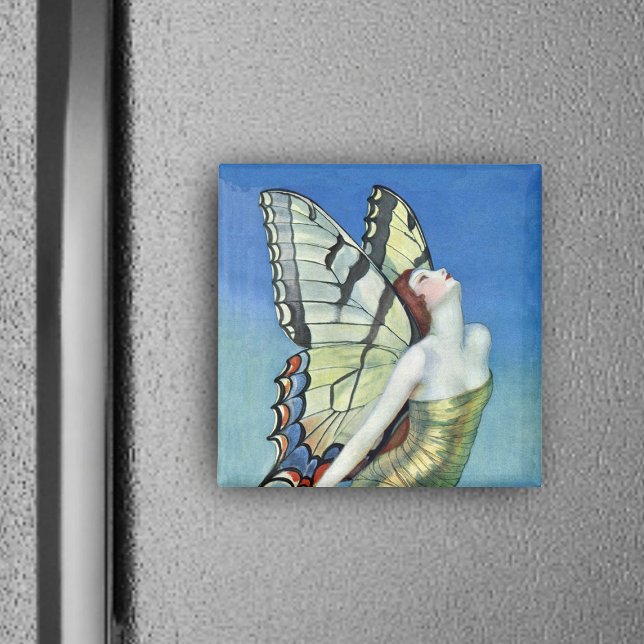 Golden Butterfly Fairy Magnet (Pretty monarch butterfly winged fairy red hair gold dress in blue sky square magnet.)