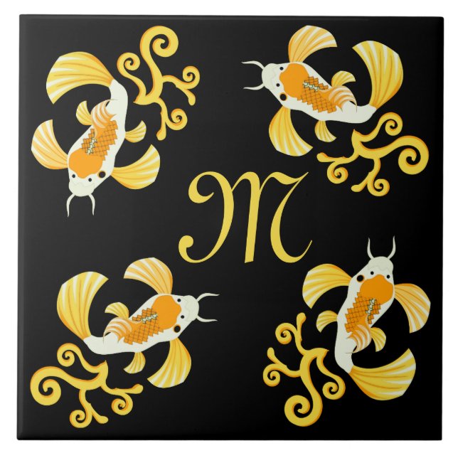 Golden Butterfly Koi Monogram Kakelplatta (Framsidan)