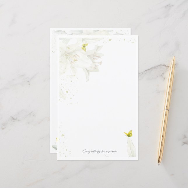 Golden Butterfly på Lilies - Watercolor Stationery (Fram/Back In Situ)