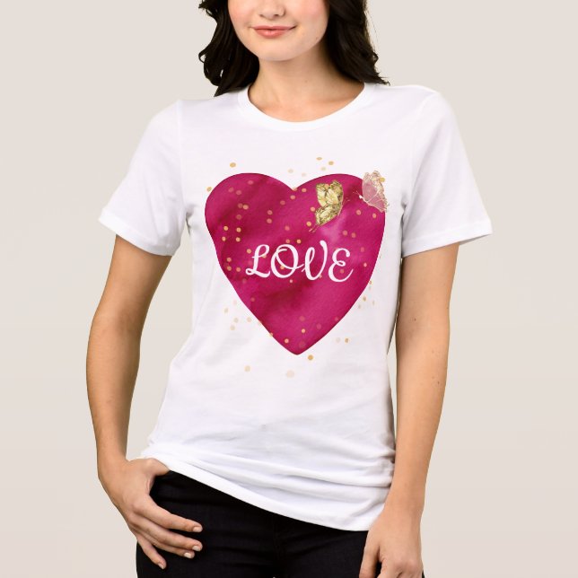 Golden Butterfly Pink Heart Valentine T-Shirt (Framsida)