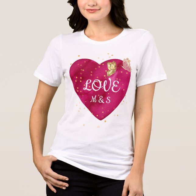 Golden Butterfly Pink Heart Valentine T-Shirt (Framsida)