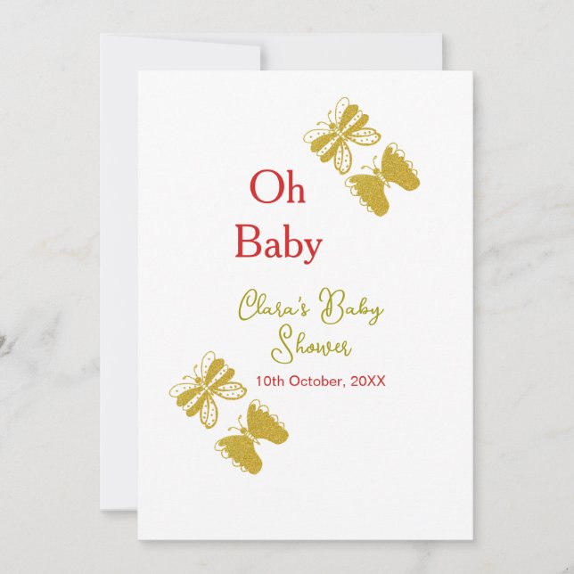 Golden Butterfly Red Baby dusch oh baby modern Inbjudningar (Framsida)