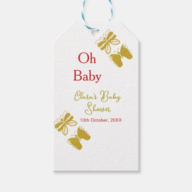 Golden Butterfly Red Baby dusch oh baby modern Presentetikett (Framsidan)